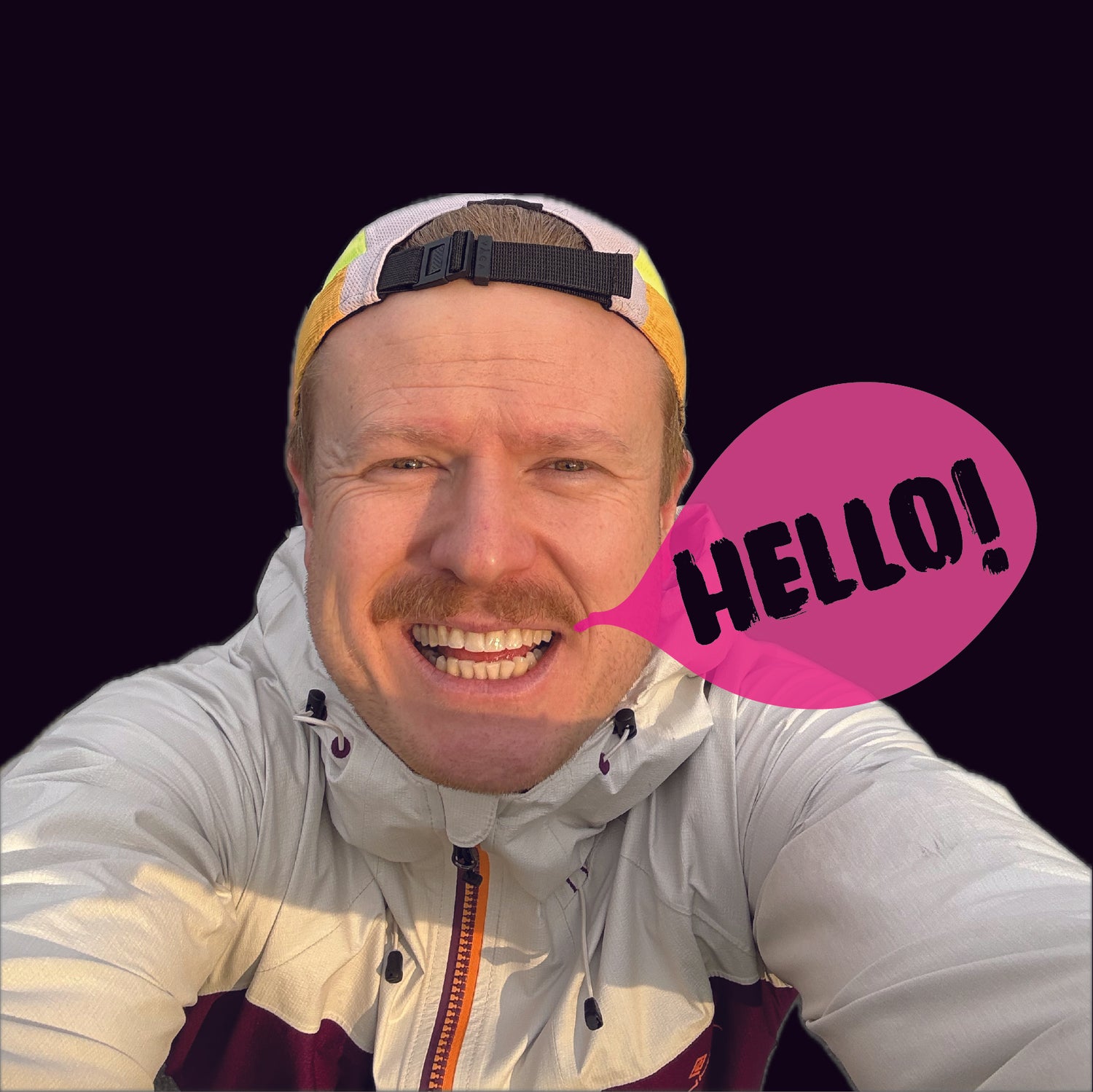 Person wearing a light-colored jacket with a 'HELLO!' speech bubble on a black background